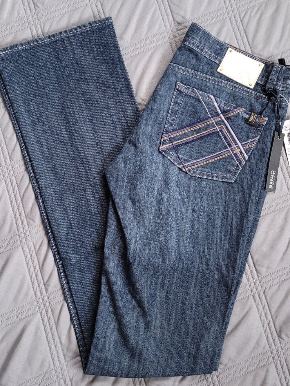 New Buffalo ROXIE jeans-low rise, stretch, tulip leg, medium rinse jeans.